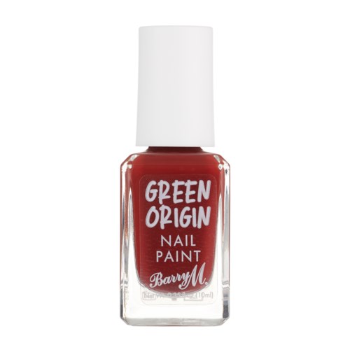 Röd nagellacksflaska med vit kork, märkt "Green Origin" och "Barry M".