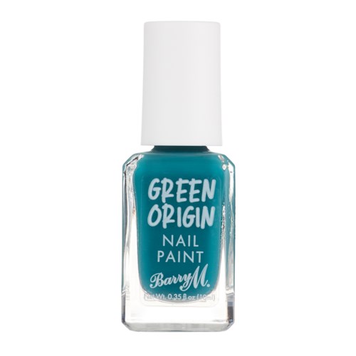 En flaska med grönt nagellack med vit kork och etikett som säger 'Green Origin Nail Paint Barry M'.