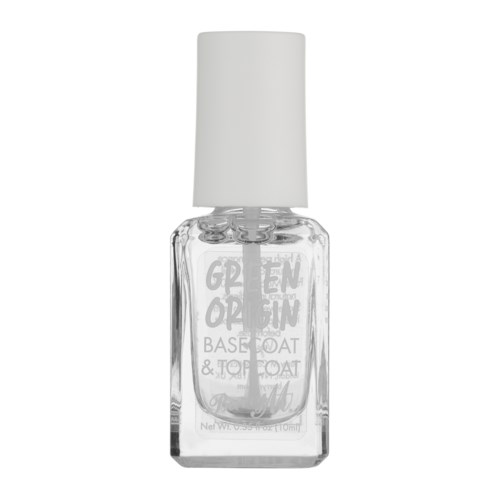 En tydlig glasflaska med nagellack, vit lock och en borste inuti.