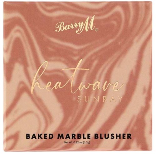 En makeup-produkt kaldet 'Barry M heatwave' bagt marmor rouge med en marmoreret pink og fersken baggrund.