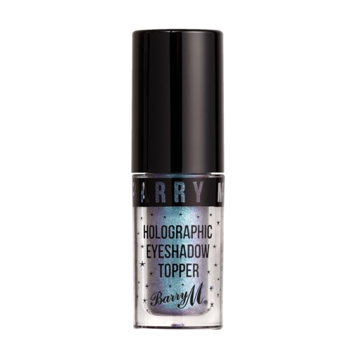 En lille flaske med holografisk øjenskygge med stjerner og blå-lilla glitter. Etiketten siger 'Barry M' og 'Holographic Eyeshadow Topper.'