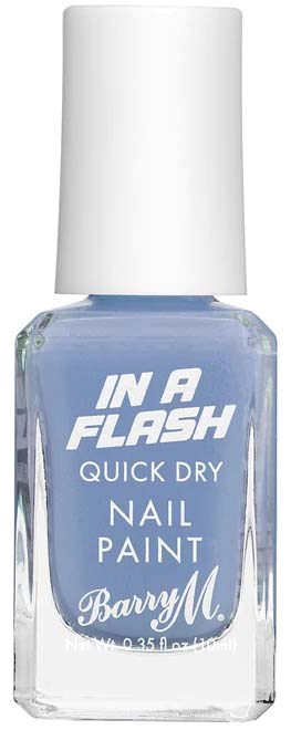 Liten flaska med blå nagellack med vit lock, märkt 'In A Flash Quick Dry Nail Paint' av Barry M.