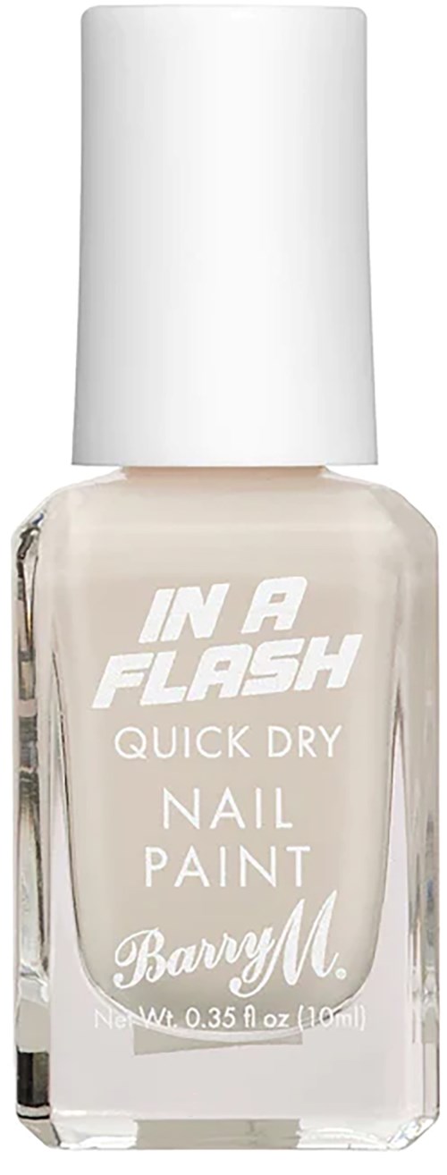 En tydlig glasflaska med nagellack med vit lock märkt "IN A FLASH QUICK DRY NAIL PAINT" av Barielle.