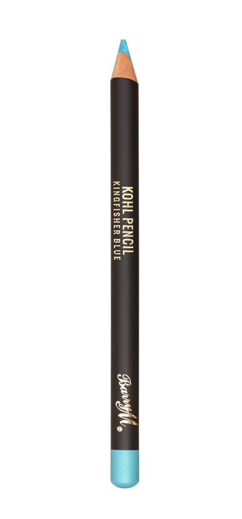 En fargetusj med blå spiss og bunn, merket 'Kohl Pencil' og 'Blue' på en svart kropp.