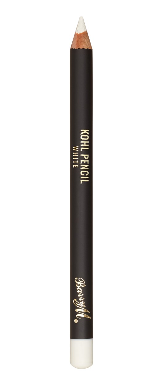 En svart blyant med hvitt viskelær og gulltekst, merket 'Kohl Pencil' og 'Beautyronic'.