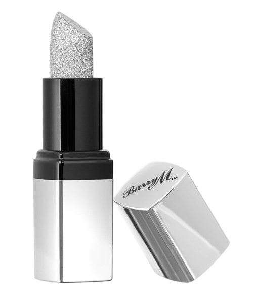Ett silverläppstift med glitterig struktur och ett glänsande svart-silverfodral.