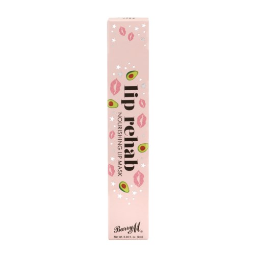 Lip Rehash närande läppmask box med avokado, kyssar, stjärnor och rosa bakgrund. Texten inkluderar produktnamn och märke.