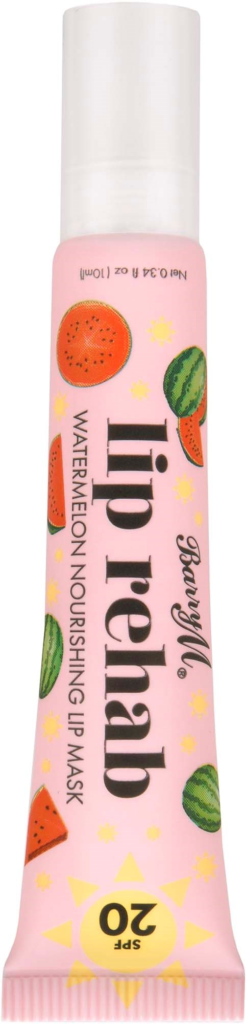 Pink tube with watermelon and watermelon seeds design, labeled "lip refresh" and "20 SPF" for a nourishing lip mask.