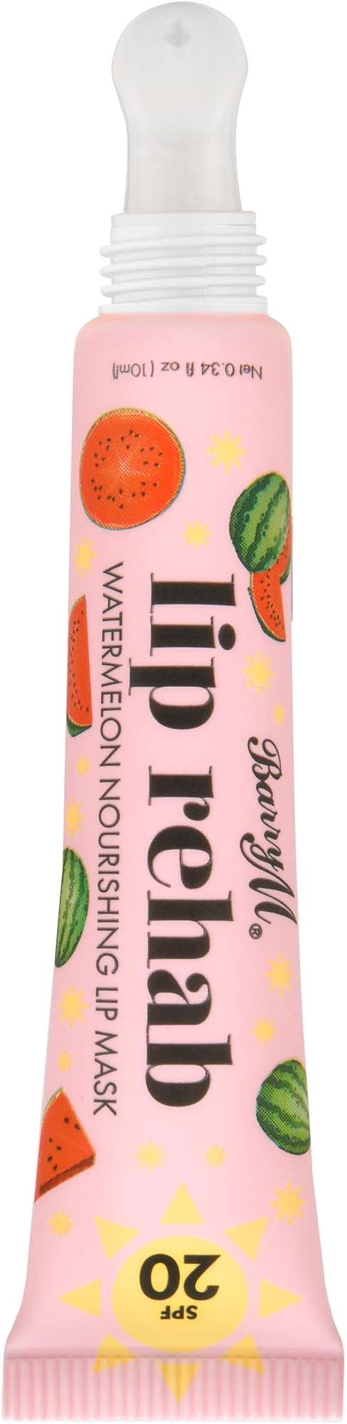 A pink tube with colorful watermelon and fruit illustrations, labeled 'Lip Repair' and 'Watermelon Nourishing Lip Mask'.
