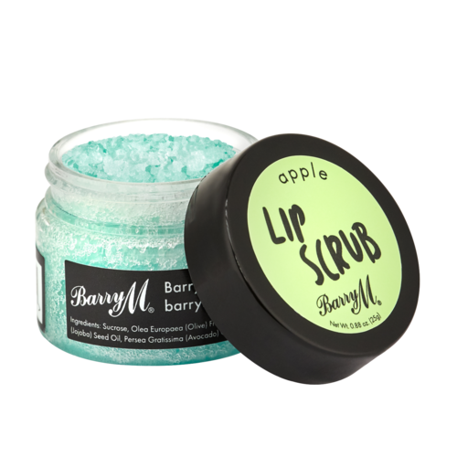 En krukke med mintgrønn leppepomade med svart lokk, merket 'Apple Lip Scrub' fra Barry M.