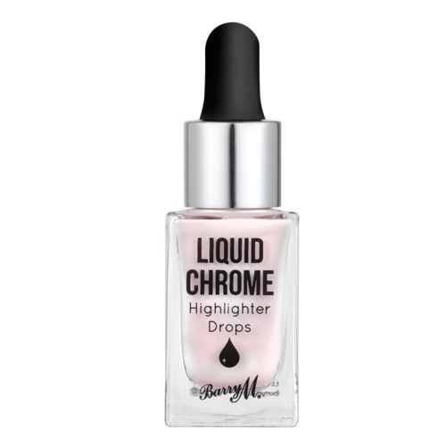 En liten flaska med pipett, märkt 'Liquid Chrome Highlighter Drops', innehållande ljusrosa vätska.