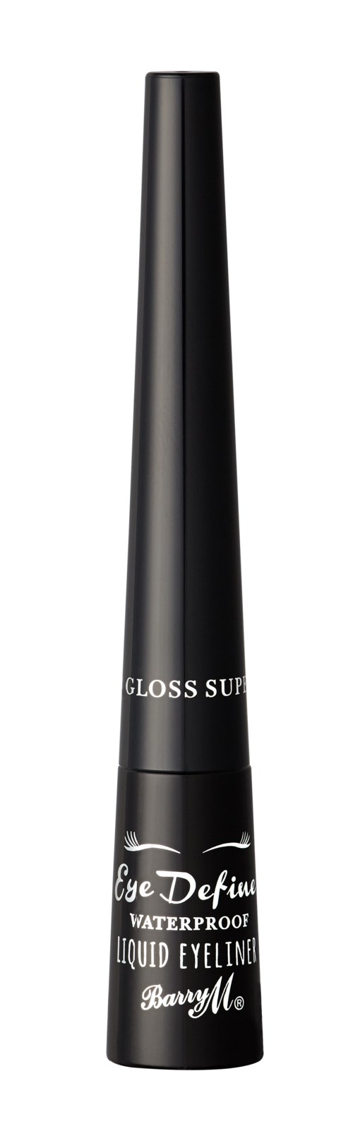En svart tub med vitt text, som visar att det är vattentät flytande eyeliner från ett skönhetsmärke.