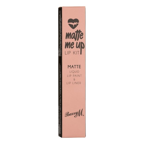 Rosa eske med svart og rosa logo, teksten sier "matte me up" og beskriver matte leppeprodukt, merket Barry M.