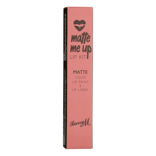 Liten rosa eske med svart hjerte og leppe-smil, tekst for matte flytende leppemaling og leppekontur.