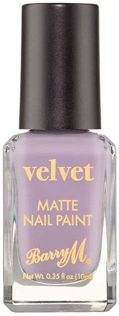 A small bottle with light purple matte nail paint and a black cap, labeled 'Velvet'.