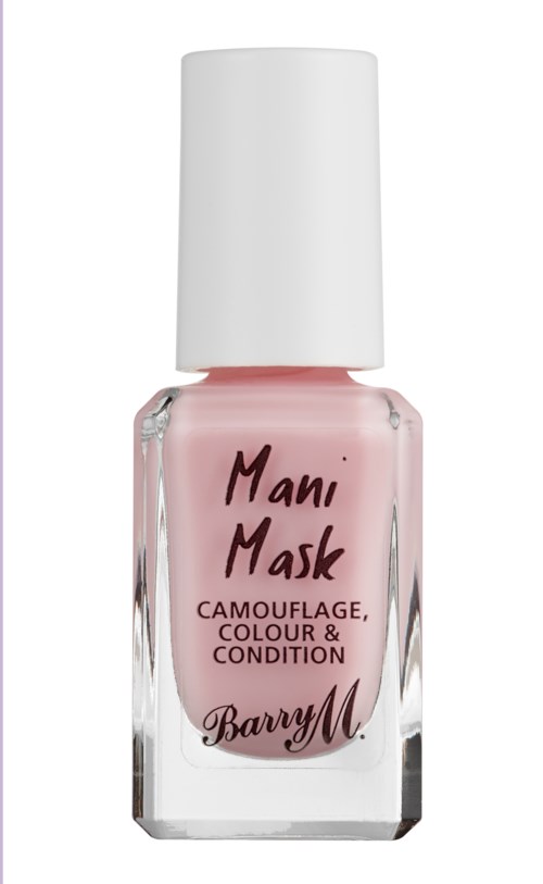 En liten flaska med rosa nagellack med vit kork, märkt 'Mani Mask' för färg och kondition.