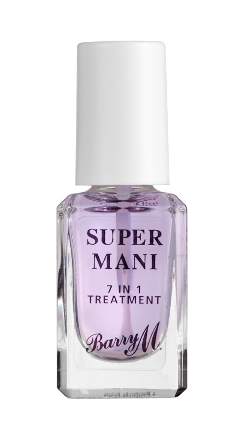 En neglelakkflaske med lilla væske og hvit kork, merket 'Super Mani 7 in 1 Treatment Barry M.'