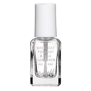 En klar nagellackflaska med vit lock, märkt "Basecoat Topcoat & Nail Hardener".