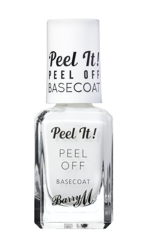 En gjennomsiktig neglelakkflaske med hvit kork, merket 'Peel It! Peel Off BASECOAT' i svart tekst.