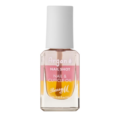 Nagellackflaska med märkning 'Argan Nail Shot' med rosa och gul design, varumärke Barry M, och vit cap.