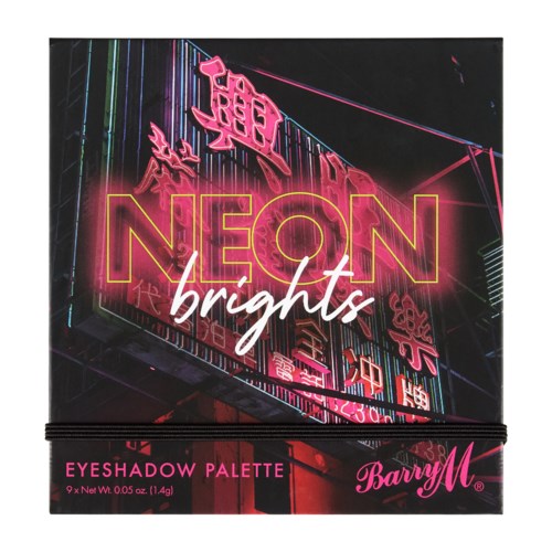 Färgglad neonremsa med kinesiska tecken och orden "NEON brights," som marknadsför en ögonskuggspalett av Barry M.