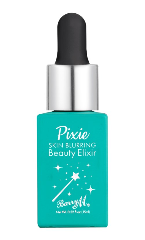 En liten blå flaske med svart dråpetut, merket 'Pixie Skin Blurring Beauty Elixir' av Barry M.