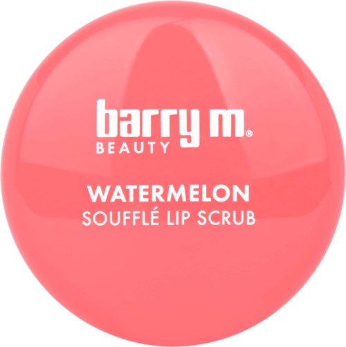 Pyöreä rasia, jossa lukee 'Barry M Beauty Watermelon Soufflé Lip Scrub' vaaleanpunaisena.