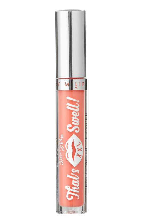 A lip gloss tube with a silver cap, orange color, and text that says "That’s Swell!" with rainbow design.