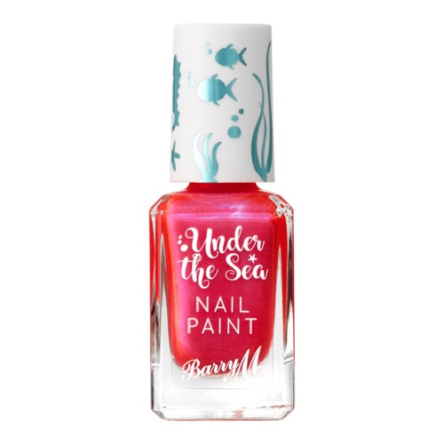 Nagellacksflaskan är rosa med en vit cap dekorerad med blå fisk och havsplantor. Etiketten säger "Under the Sea".