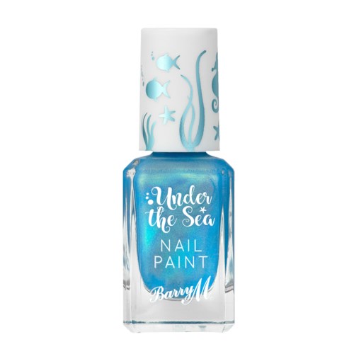 Blå nagellack i en genomskinlig flaska med sjöväxter och fiskillustrationer, märkt "Under the Sea" av Barry M.