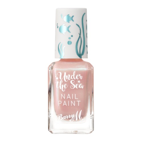 Eine rosa Nagellackflasche mit weißem Deckel, verziert mit Meeresthemen und Text 'Under the Sea.'