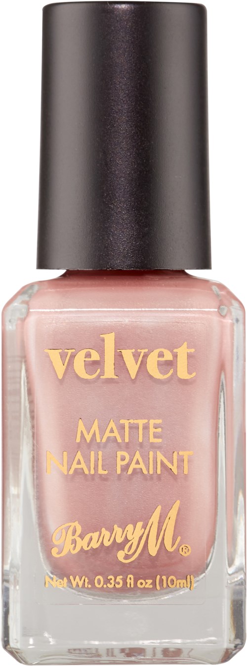 En flaska med rosa matt nagellack som heter Velvet av Barry M med svart lock.