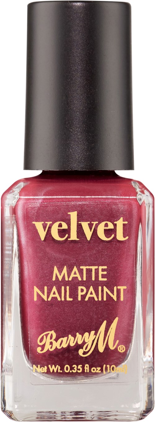En flaska velvet matt nagellack i rosa färg med svart lock.