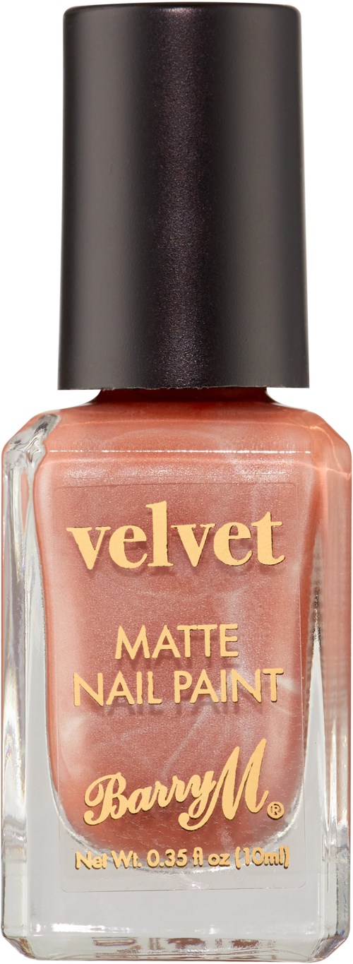 En flaske Barry M Velvet Matte Nail Paint i ferskenfarvet med sort låg.