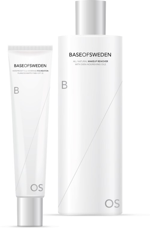 Två vita flaskor märkta BASEOFSWEDEN, en stor och en liten, med minimalistisk design och silverlock för makeupremover.