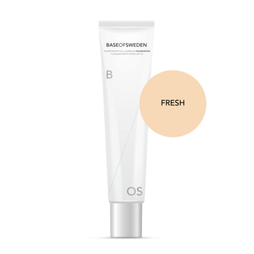En vit tub med foundation med märket 'Base of Sweden' och en stor beige cirkel märkt 'Fresh' bredvid.