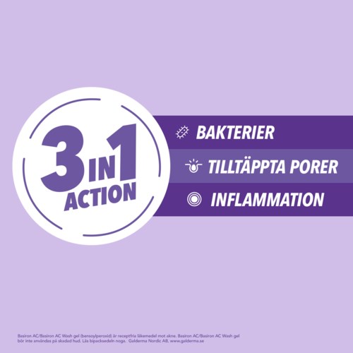 En logo med texten "3 in 1 Action" och tre lila rader som listar bakterier, tilltäppta porer och inflammation.