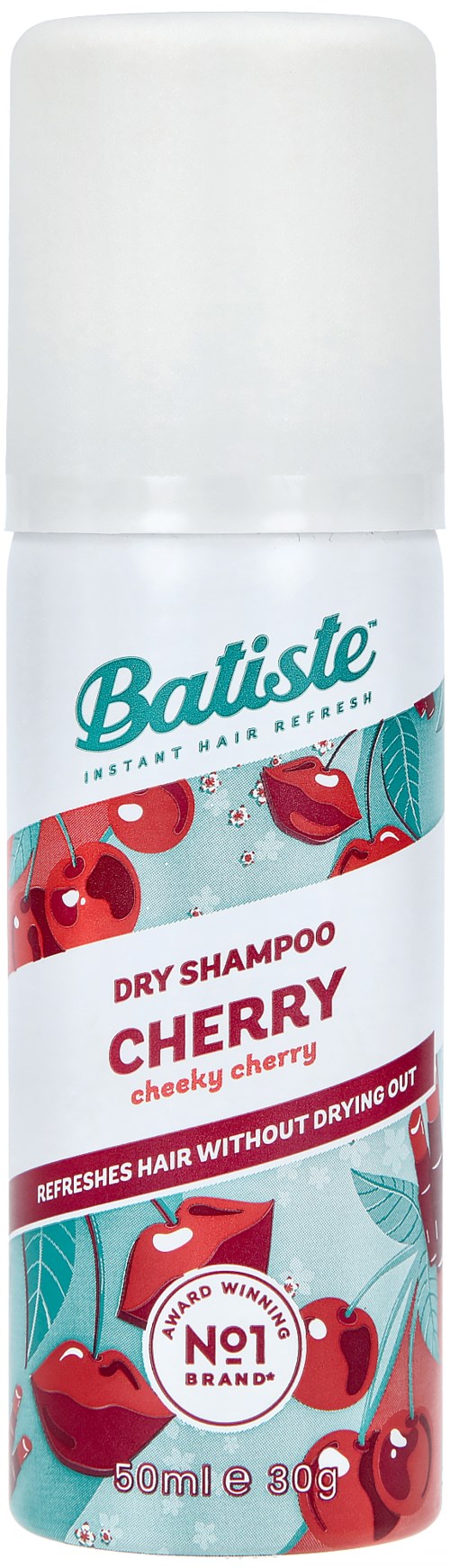 Een witte en rode bus Batiste droogshampoo met kersen op het label, die je haar zonder water verfrist.