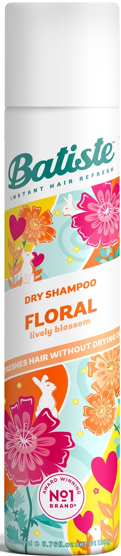 Batiste floral torrschampo med färgglada blommor och hjärtan, påstår sig fräscha upp håret utan vatten, Nr 1 märke.