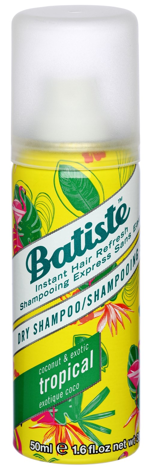 En lille gul flaske Batiste tørshampoo med tropisk kokosduft og farverig blomsterdesign.