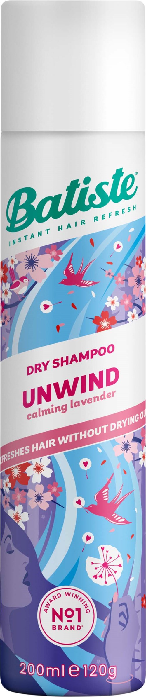 En vit flaska med Batiste torrschampo med rosa och blå blommor och fåglar, märkt 'Unwind' och 'avkopplande lavendel'.