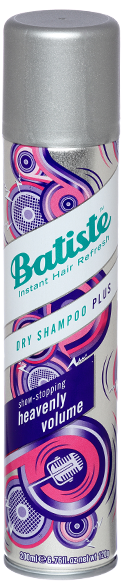 En sprayboks med Batiste tørshampo, dekorert med fargerik abstrakt design og sølvfarge lokk.