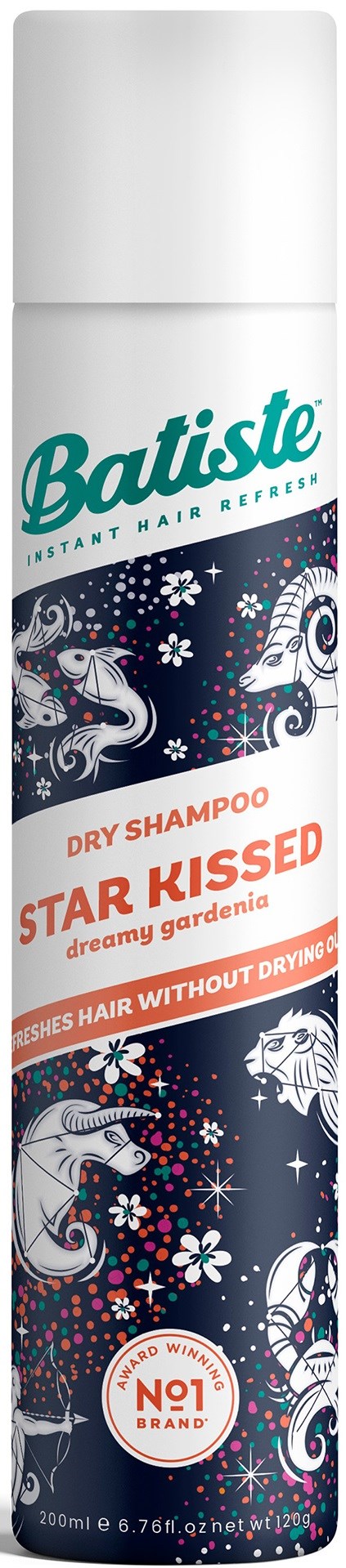 Torrschampo i en färgglad burk med unicorns och stjärnor, märkt "Star Kissed" av Batiste.
