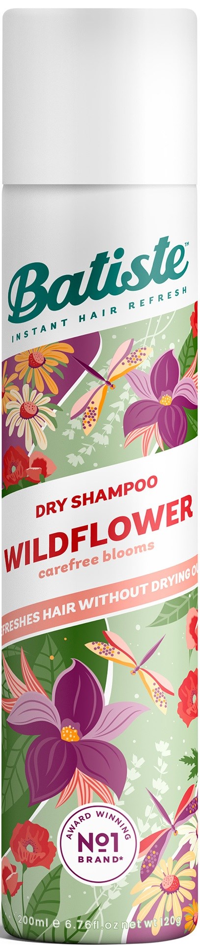 En lång vit flaska av Batiste torrschampo med färgglada blommor och lila blommor.