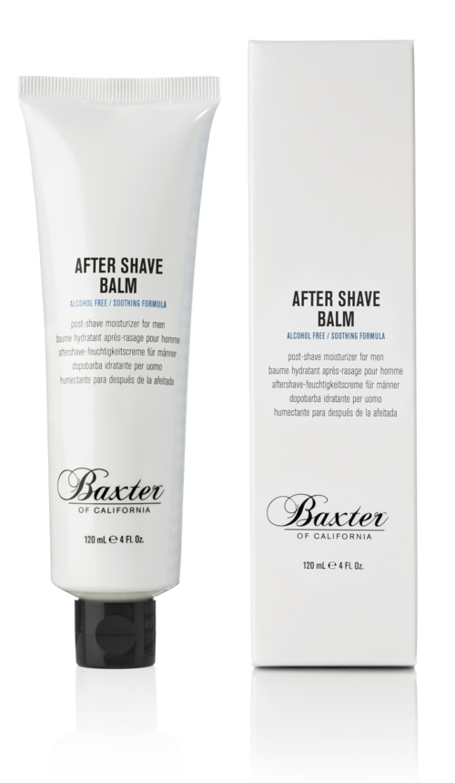 En vit tub och förpackning märkt 'After Shave Balm' från Baxter of California, 120 ml, med svart lock.