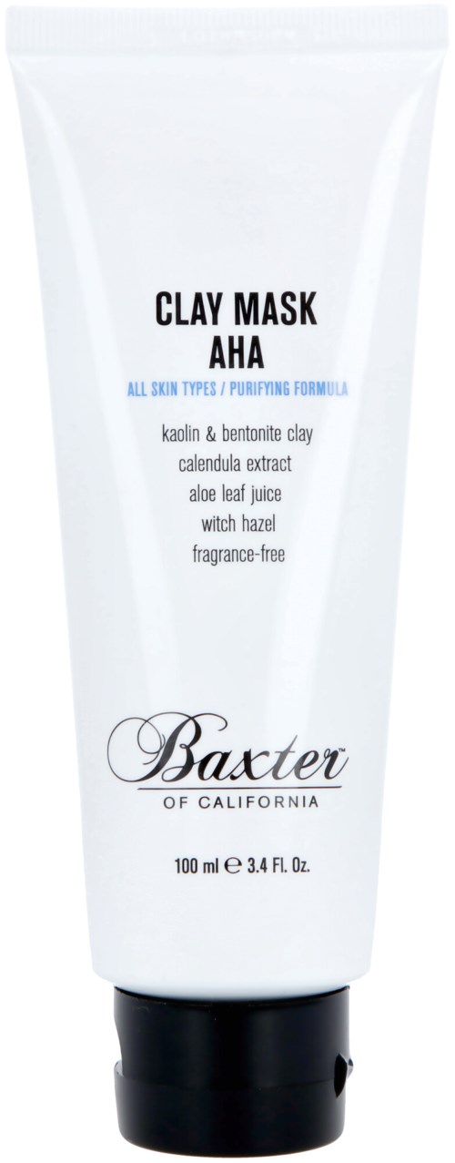 En hvit tube med Baxter leirmaske med svart lokk, palm tre-logo og produktdetaljer.