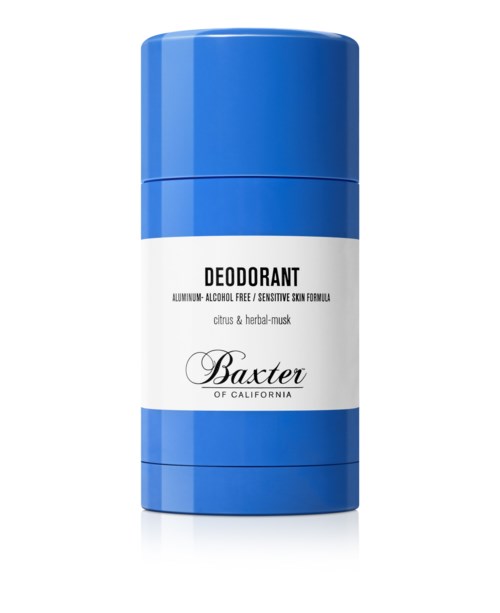 En blå deodorantstång med en vit etikett som nämner citrus, herbal musk och att den är fri från aluminium.