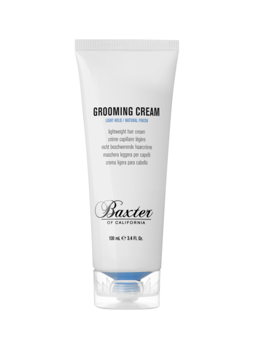 En hvit tube merket Grooming Cream av Baxter of California for lett hårstyling.