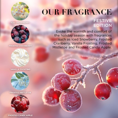 A festive fragrance flyer with snowy berries and leaves, promoting holiday scents like cranberry, vanilla, and candy apple.