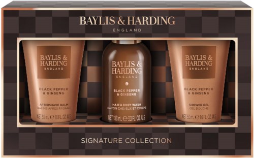 Set med tre Baylis & Harding-produkter med doft av svartpeppar och ginseng i ett paket.